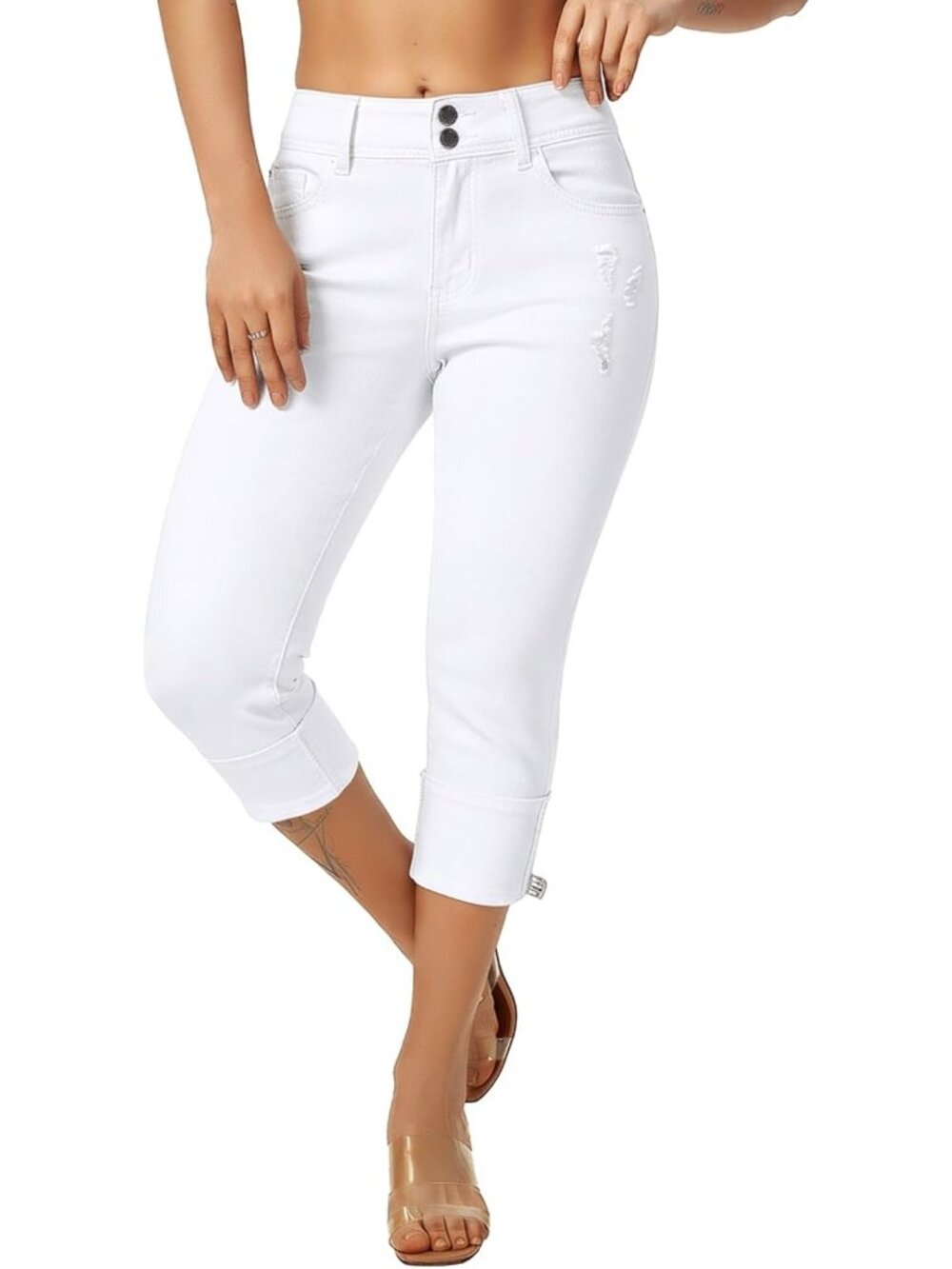 Stretchy Distressed Capri Jeans for Women - Skinny Cuffed Denim Pants